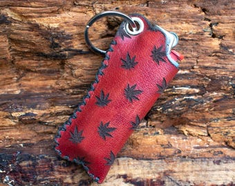 Leather Case for Bic Lighter, Bic Lighter Case, Lighter Holder, Handmade Leather Lighter Case, Red Leather Bic Pouch Hemp Design
