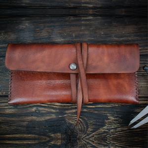 Astuccio in vera pelle, custodia in pelle minimalista per articoli di cancelleria e trucco, custodia in pelle cucita a mano