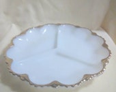 Vintage Anchor Hockings White Milk Glass Divided Plate Platter 22K Gold Rim Dinnerware Kitchenware