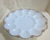 Vintage Anchor Hockings White Milk Glass Deviled Egg Plate Platter Scalloped Edge 1950 39 s 22K Gold Rim Dinnerware