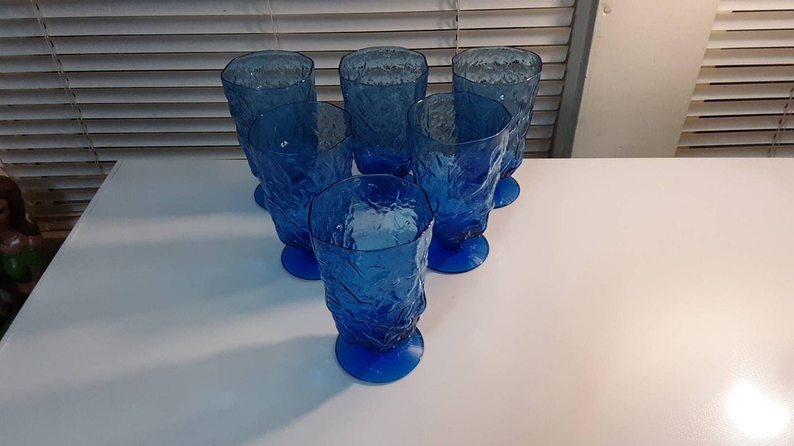 Vintage Blue Textured Pedestal Glass Water Glasses Set of 6 Etsy