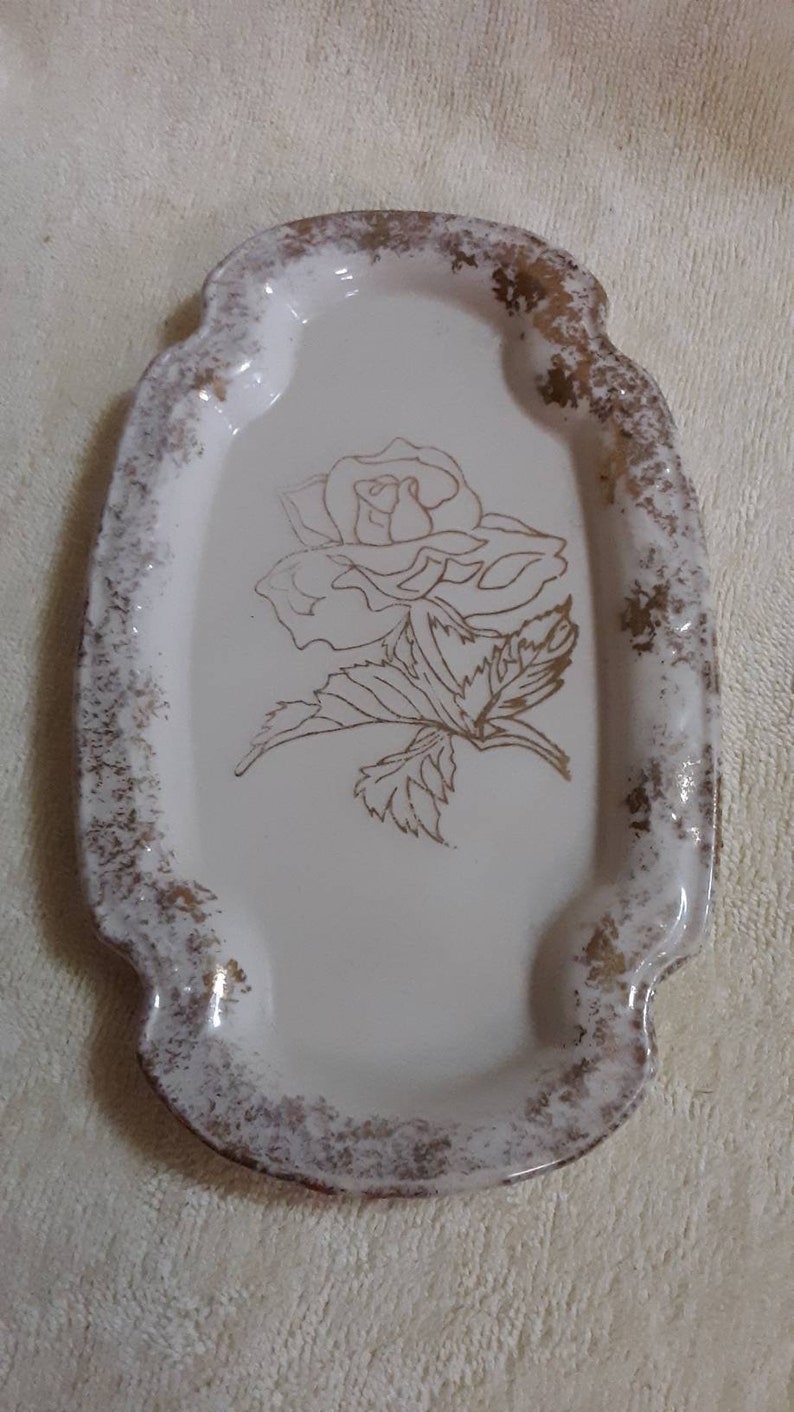 Vintage Hand Decorated Made in USA Warranted 22K Gold Butter Dish with Rose Design