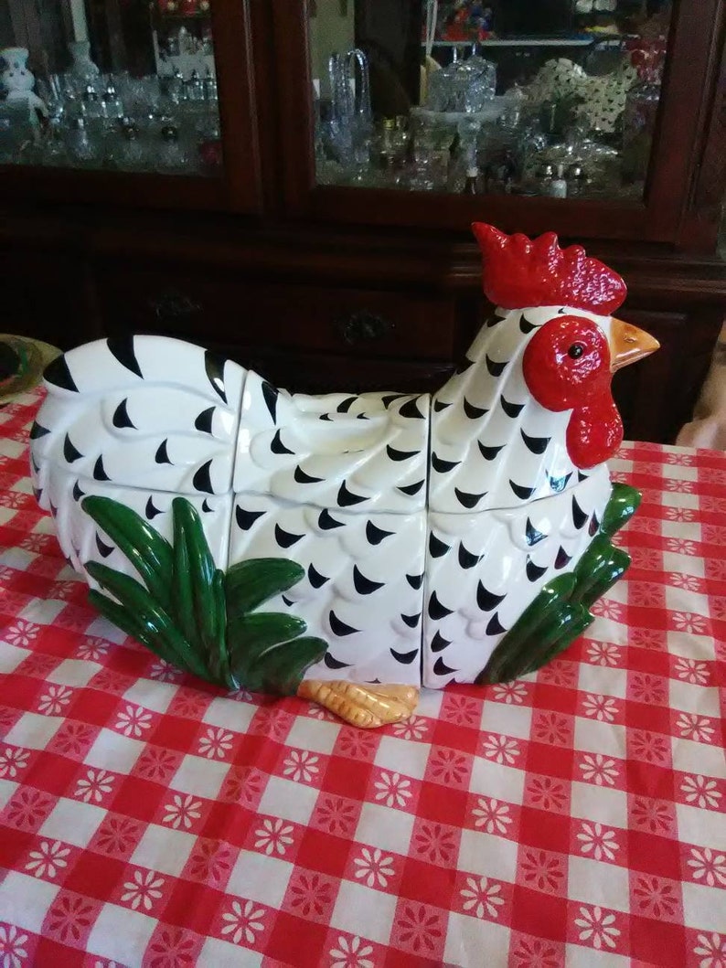 Vintage Ceramic Black And White Rooster Canister 6 Piece Set Etsy