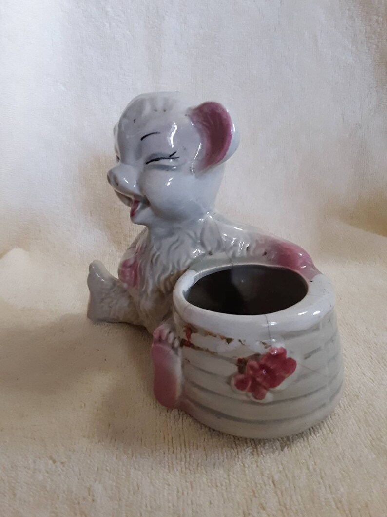 Vintage Gray Pink Bear with Honey Pot Planter Vase Indoor Outdoor Planter Porch Patio Decor