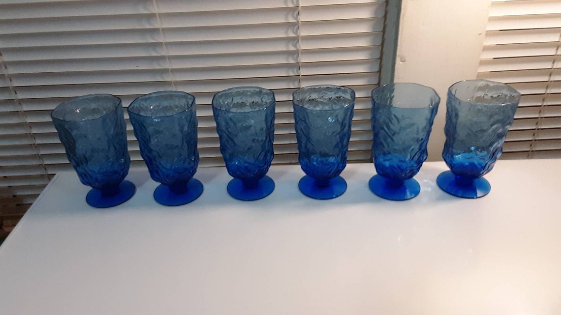 Vintage Blue Textured Pedestal Glass Water Glasses Set of 6 Etsy
