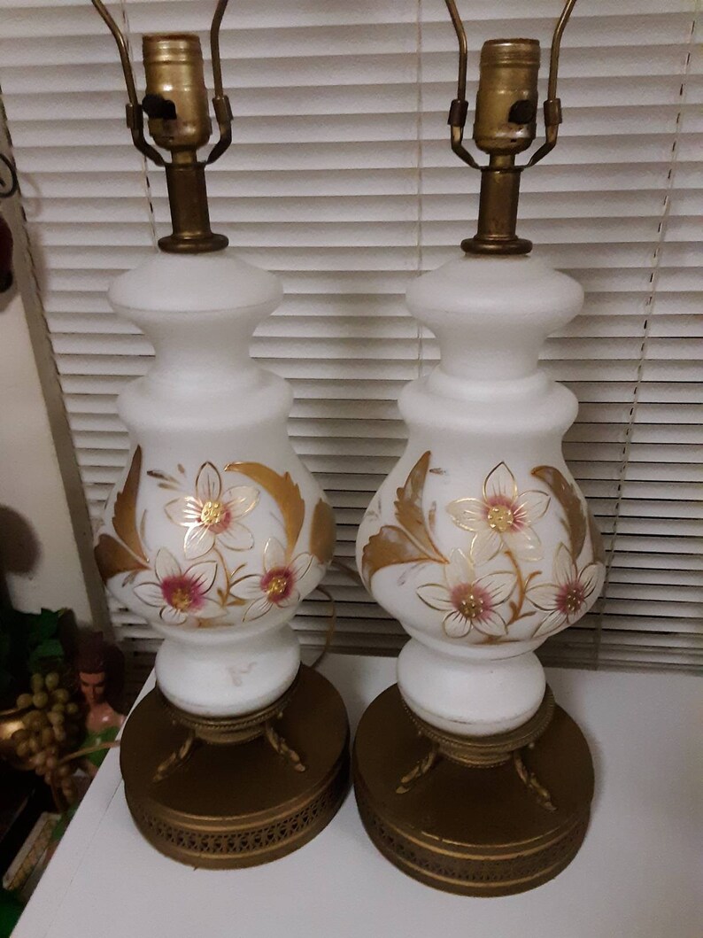 Vintage Hand Blown Glass Hand Painted Table Lamps Set of 2 Etsy