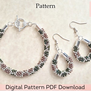 Padrão Kumihimo - Pulseira e brincos de contas - Download digital em PDF - Padrão de 12 fios e tutorial - Design hexagonal verde, lilás e prateado