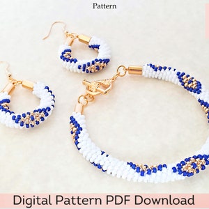 Kumihimo Pattern - Beaded Bracelet and Earrings Digital Download PDF 12-Strand Pattern and Tutorial - White, Blue, and Gold Diamond Spiral
