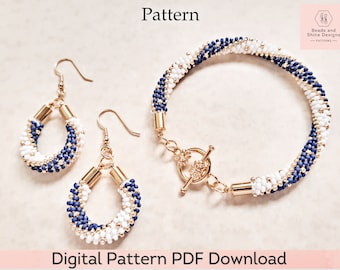 Kumihimo Pattern - Beaded Bracelet and Earrings Digital Download PDF 12-Strand Pattern and Tutorial - Blue, White, and Gold Long Spiral