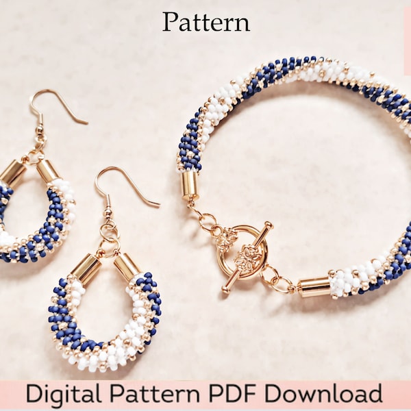 Motif Kumihimo - Bracelet de perles et boucles d'oreilles à téléchargement numérique PDF Patron et tutoriel de 12 brins - Spirale longue bleue, blanche et dorée