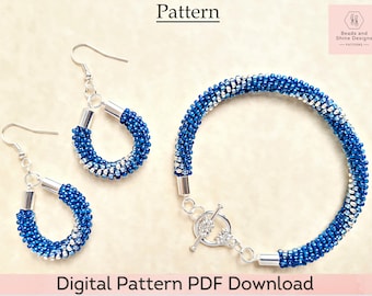 Kumihimo Pattern - Beaded Bracelet and Earrings Digital Download PDF 12-Strand Pattern and Tutorial - Long Blue and Silver Spiral Design