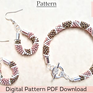 Padrão Kumihimo - Pulseira e Brincos com Contas Download Digital PDF Padrão e Tutorial de 12 Fios - Quadrados Creme, Cáqui e Coral