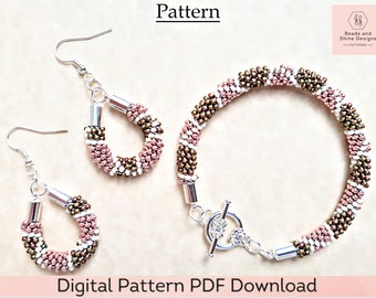 Kumihimo Pattern - Beaded Bracelet and Earrings Digital Download PDF 12-Strand Pattern and Tutorial - Cream, Khaki, and Coral Squares