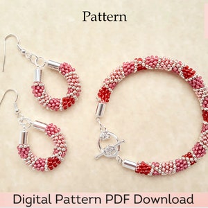 Padrão Kumihimo - Pulseira e brincos com miçangas Download digital PDF Padrão e tutorial de 12 fios - Granada, fúcsia, coral e prata