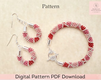 Kumihimo Pattern - Beaded Bracelet and Earrings Digital Download PDF 12-Strand Pattern and Tutorial - Garnet, Fuchsia, Coral, and Silver