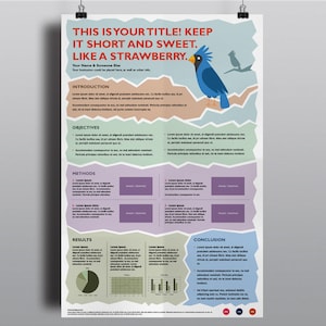 Könnte beinhalten: Ein Poster mit einer Illustration eines blauen und weißen Vogels. Das Poster hat einen Titel, der "This is your title! Keep it short and sweet. Like a strawberry." lautet. Das Poster enthält auch Abschnitte für Einleitung, Ziele, Methoden, Ergebnisse und Schlussfolgerung.