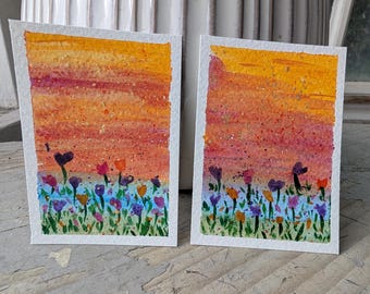 Original Watercolor Sunset Wildflowers Painting, ACEO, Mini Art Card, ATC (2.5 x 3.5 in)