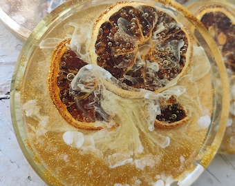 Handmade Resin Citrus Coasters – Dried Orange Slice Botanical Decor (Set of 4) - Hand poured, made with real fruit, bespoke