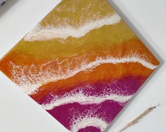 Shoreline Sunrise – Original Resin Ocean Wave Art on Wood Panel 12 x 12