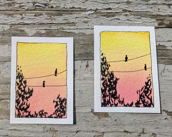 Original Watercolor Sunset Bird Painting, ACEO, Mini Art Card, ATC 2.5 x 3.5
