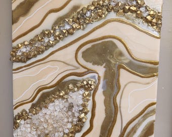 Golden Veins – Original hand poured Resin Geode Art Set (Gold & White) Original Resin Geode Art on 2 Wood Panels