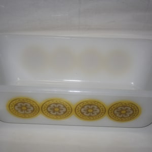Vintage Glasbake Bread Pan , Loaf Pan,  Milk Glass  Yellow Daisy Medallions
