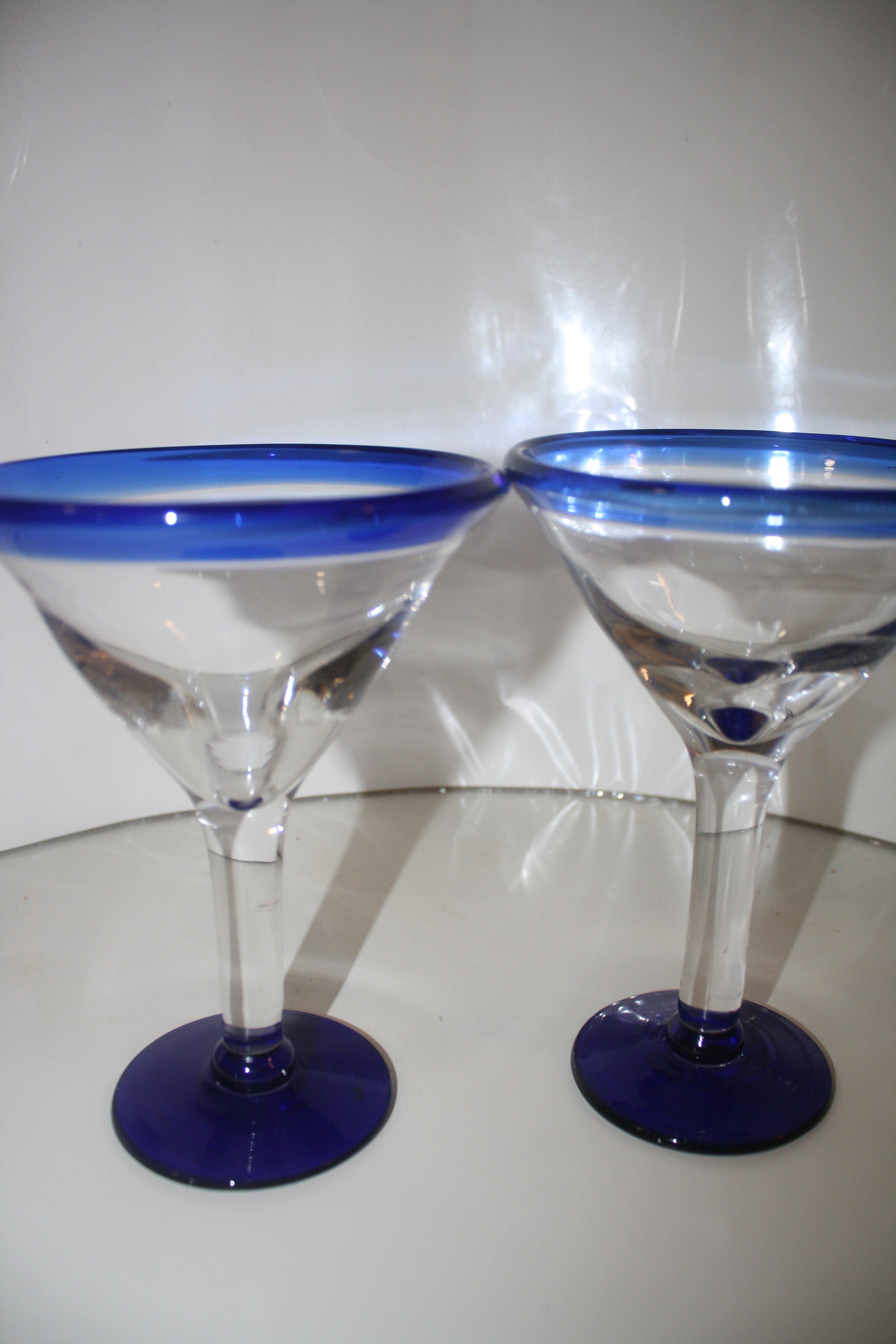 4 Handblown Margarita Glasses Blue Rim Cocktail Glasses Etsy