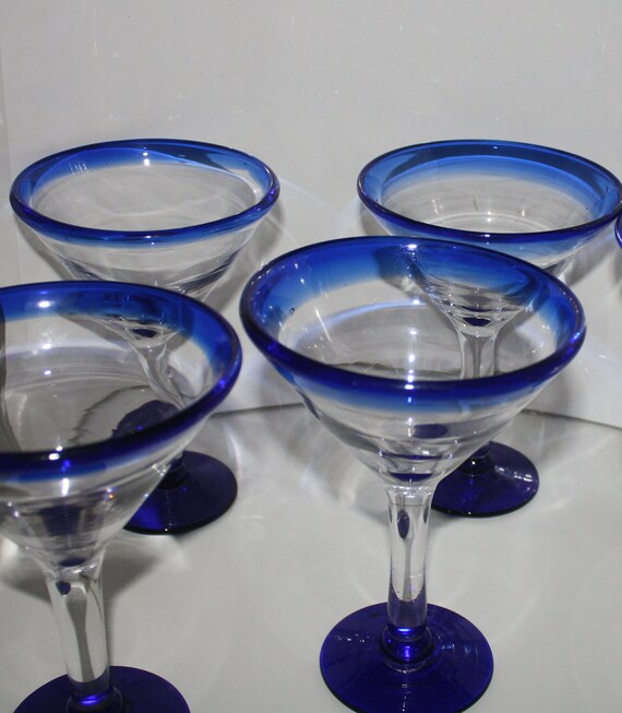 4 Handblown Margarita Glasses Blue Rim Cocktail Glasses Etsy