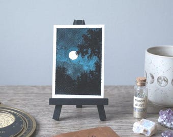 オリジナルACEOアクリル＆インク画「月の森」（2.5インチ×3.5インチ）