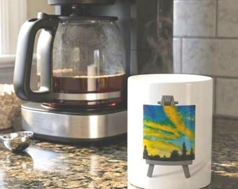 Landscape Painting on Easel Ceramic Mug, Sunset Art