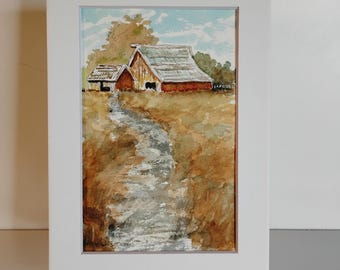 オリジナルの5インチ×7インチの水彩画「納屋」。マット付きで額装済み。小型絵画。