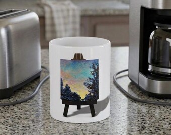 Taza de cerámica con pintura de paisaje original sobre caballete