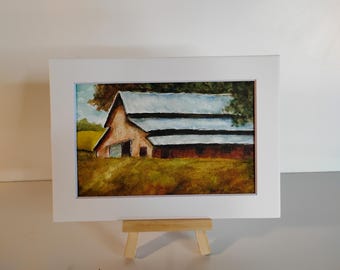 オリジナルの5インチ×7インチの水彩画「納屋」。マット付きで額装済み。小型絵画。