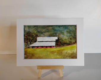 オリジナル水彩画：赤い納屋の風景（5インチ×7インチ）