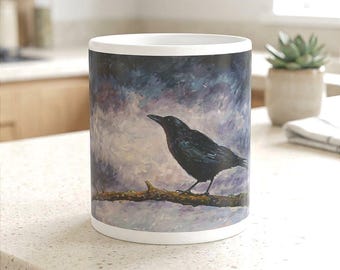 Original Raven Acrylic Painting Mug, Moody Stormy Sky Art, Dark Academia Gift (11oz, 15oz)
