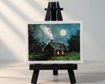 オリジナルACEOミニカード「月のある小屋」手描きミニチュアアート作品、一点物