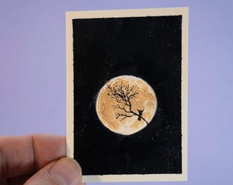 オリジナルACEOカード、「月明かりの夜のフクロウ」、アクリルとインクによる絵画（一点もの）