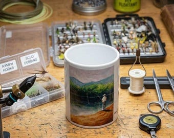 Gone Fishing Ceramic Mug, Acrylic Painting, Fly Fishing Gift for Men (11oz, 15oz)