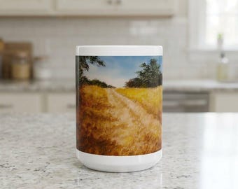 Golden Fields Watercolor Art Coffee Mug, Country Landscape Tea Cup. Ceramic Mug, (11oz, 15oz)