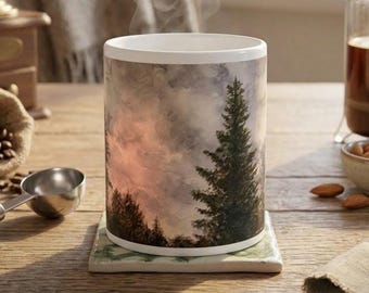 Watercolor Forest Mug, Misty Mountain Sunset, Pine Tree Art Coffee Cup