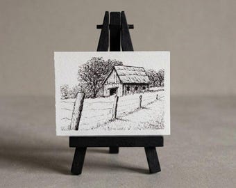 オリジナルACEOミニカード「古い納屋」ミニチュア手描きインク画作品、一点もの