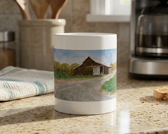 Watercolor Barn Scene Ceramic Mug, Rustic Farmhouse Kitchen Decor (11oz, 15oz)