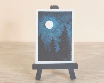オリジナルACEOアクリル＆インク作「月の森」絵画、ACEOアート（2.5インチ×3.5インチ）