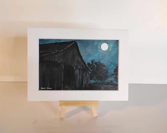 オリジナル水彩画：月明かりに照らされた納屋の風景（5インチ×7インチ）
