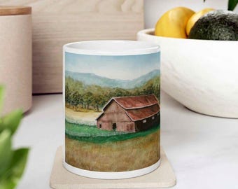 Watercolor Barn Landscape Coffee Mug, Country Farmhouse Ceramic Mug (11oz, 15oz)