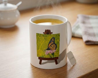 Monarch Butterfly Art Mug, Easel-Printed Ceramic Coffee Cup, Nature Lover Gift