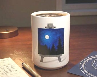 Full Moon Night Painting Mug, Ceramic Coffee Cup with Miniature Easel Art (15oz)