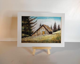 オリジナル水彩画：古い小屋の風景（5インチ×7インチ）