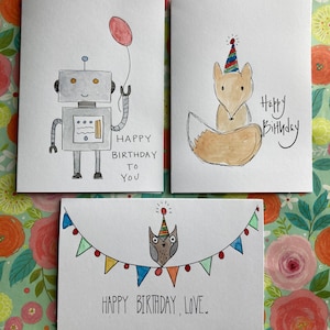 Paquete de 3 tarjetas de cumpleaños de acuarela para niños