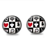 SET OF 2 Red White Black Checkered Alice in Wonderland Nickel Silver GLASS Cabinet Drawer bifold Bi fold Closet Door Knob Pull Handles